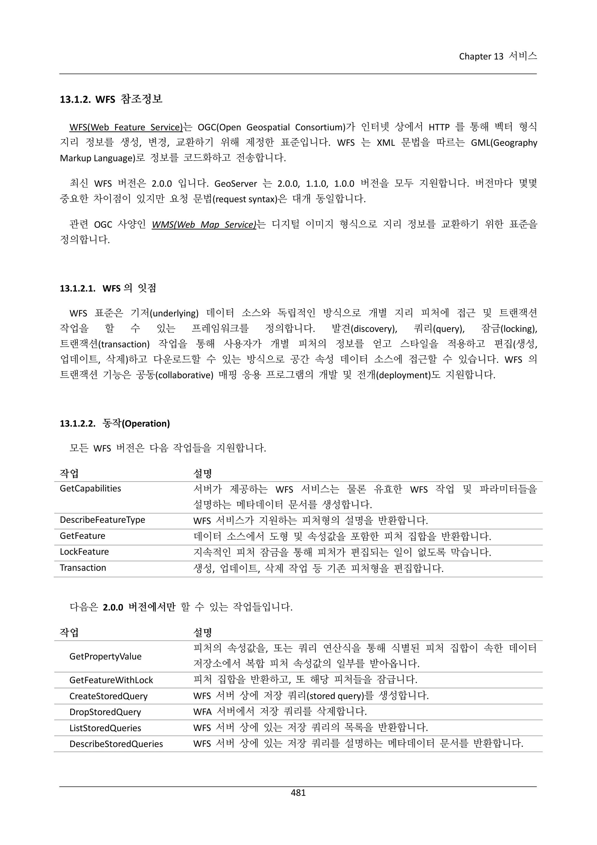 Chapter 13 서비스

13.1.2. WFS 참조정보
WFS(Web Feature Service)는 OGC(Open Geospatial Consortium)가 인터넷 상에서 HTTP 를 통해 벡터 형식
지리 정보를 생성, 변경, 교환하기 위해 제정한 표준입니다. WFS 는 XML 문법을 따르는 GML(Geography
Markup Language)로 정보를 코드화하고 전송합니다.
최신 WFS 버전은 2.0.0 입니다. GeoServer 는 2.0.0, 1.1.0, 1.0.0 버전을 모두 지원합니다. 버전마다 몇몇
중요한 차이점이 있지만 요청 문법(request syntax)은 대개 동일합니다.
관련 OGC 사양인 WMS(Web Map Service)는 디지털 이미지 형식으로 지리 정보를 교환하기 위한 표준을
정의합니다.

13.1.2.1. WFS 의 잇점
WFS 표준은 기저(underlying) 데이터 소스와 독립적인 방식으로 개별 지리 피처에 접근 및 트랜잭션
작업을

할

수

있는

프레임워크를

정의합니다.

발견(discovery),

쿼리(query),

잠금(locking),

트랜잭션(transaction) 작업을 통해 사용자가 개별 피처의 정보를 얻고 스타일을 적용하고 편집(생성,
업데이트, 삭제)하고 다운로드할 수 있는 방식으로 공간 속성 데이터 소스에 접근할 수 있습니다. WFS 의
트랜잭션 기능은 공동(collaborative) 매핑 응용 프로그램의 개발 및 전개(deployment)도 지원합니다.

13.1.2.2. 동작(Operation)
모든 WFS 버전은 다음 작업들을 지원합니다.
작업
GetCapabilities

설명
서버가 제공하는 WFS 서비스는 물론 유효한 WFS 작업 및 파라미터들을
설명하는 메타데이터 문서를 생성합니다.

DescribeFeatureType

WFS 서비스가 지원하는 피처형의 설명을 반환합니다.

GetFeature

데이터 소스에서 도형 및 속성값을 포함한 피처 집합을 반환합니다.

LockFeature

지속적인 피처 잠금을 통해 피처가 편집되는 일이 없도록 막습니다.

Transaction

생성, 업데이트, 삭제 작업 등 기존 피처형을 편집합니다.

다음은 2.0.0 버전에서만 할 수 있는 작업들입니다.
작업
GetPropertyValue

설명
피처의 속성값을, 또는 쿼리 연산식을 통해 식별된 피처 집합이 속한 데이터
저장소에서 복합 피처 속성값의 일부를 받아옵니다.

GetFeatureWithLock

피처 집합을 반환하고, 또 해당 피처들을 잠급니다.

CreateStoredQuery

WFS 서버 상에 저장 쿼리(stored query)를 생성합니다.

DropStoredQuery

WFA 서버에서 저장 쿼리를 삭제합니다.

ListStoredQueries

WFS 서버 상에 있는 저장 쿼리의 목록을 반환합니다.

DescribeStoredQueries

WFS 서버 상에 있는 저장 쿼리를 설명하는 메타데이터 문서를 반환합니다.

481

 