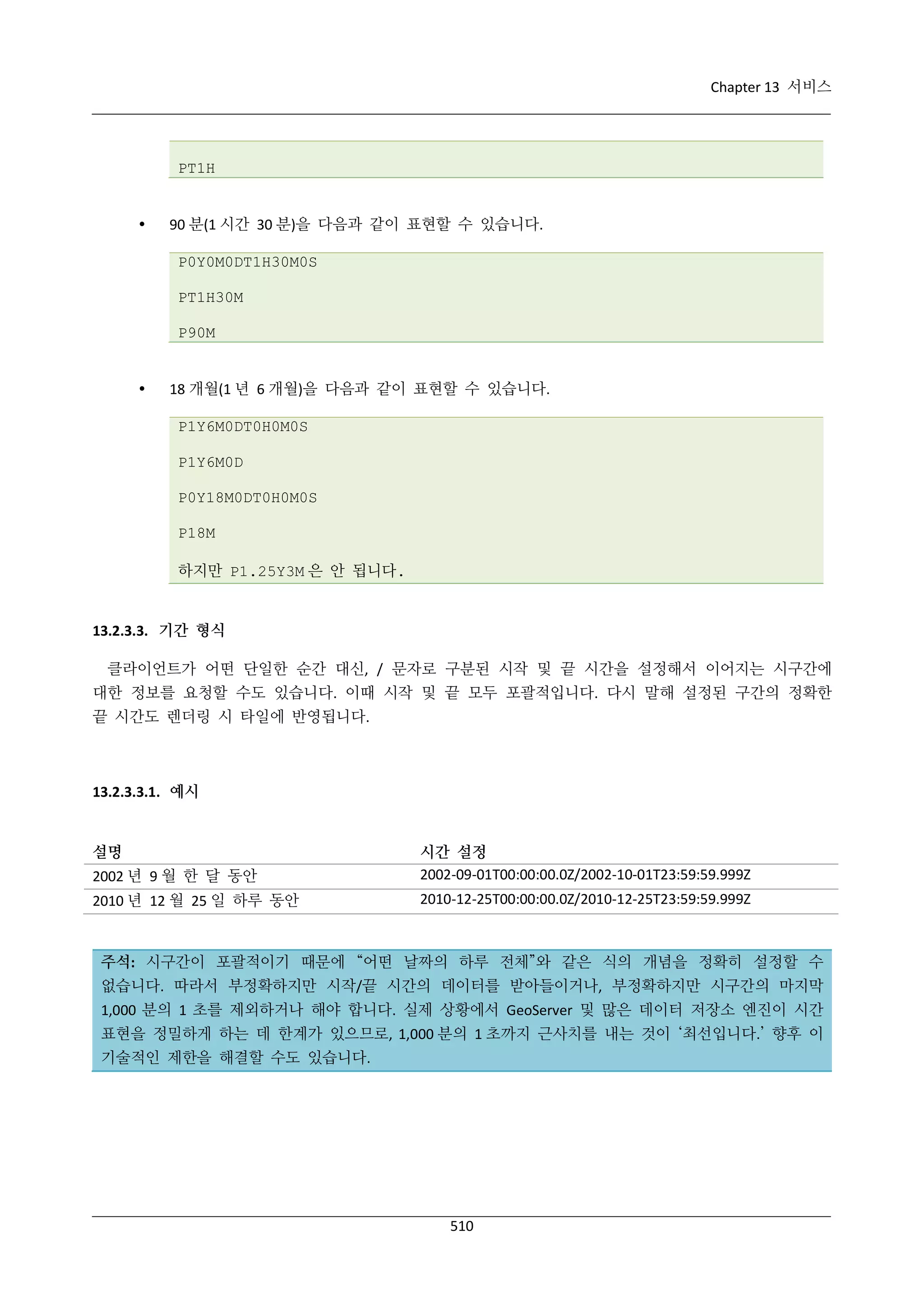 Chapter 13 서비스

PT1H



90 분(1 시간 30 분)을 다음과 같이 표현할 수 있습니다.
P0Y0M0DT1H30M0S
PT1H30M
P90M



18 개월(1 년 6 개월)을 다음과 같이 표현할 수 있습니다.
P1Y6M0DT0H0M0S
P1Y6M0D
P0Y18M0DT0H0M0S
P18M
하지만 P1.25Y3M 은 안 됩니다.

13.2.3.3. 기간 형식
클라이언트가 어떤 단일한 순간 대신, / 문자로 구분된 시작 및 끝 시간을 설정해서 이어지는 시구간에
대한 정보를 요청할 수도 있습니다. 이때 시작 및 끝 모두 포괄적입니다. 다시 말해 설정된 구간의 정확한
끝 시간도 렌더링 시 타일에 반영됩니다.

13.2.3.3.1. 예시

설명
2002 년 9 월 한 달 동안

시간 설정
2002-09-01T00:00:00.0Z/2002-10-01T23:59:59.999Z

2010 년 12 월 25 일 하루 동안

2010-12-25T00:00:00.0Z/2010-12-25T23:59:59.999Z

주석: 시구간이 포괄적이기 때문에 “어떤 날짜의 하루 전체”와 같은 식의 개념을 정확히 설정할 수
없습니다. 따라서 부정확하지만 시작/끝 시간의 데이터를 받아들이거나, 부정확하지만 시구간의 마지막
1,000 분의 1 초를 제외하거나 해야 합니다. 실제 상황에서 GeoServer 및 많은 데이터 저장소 엔진이 시간
표현을 정밀하게 하는 데 한계가 있으므로, 1,000 분의 1 초까지 근사치를 내는 것이 ‘최선입니다.’ 향후 이
기술적인 제한을 해결할 수도 있습니다.

510

 