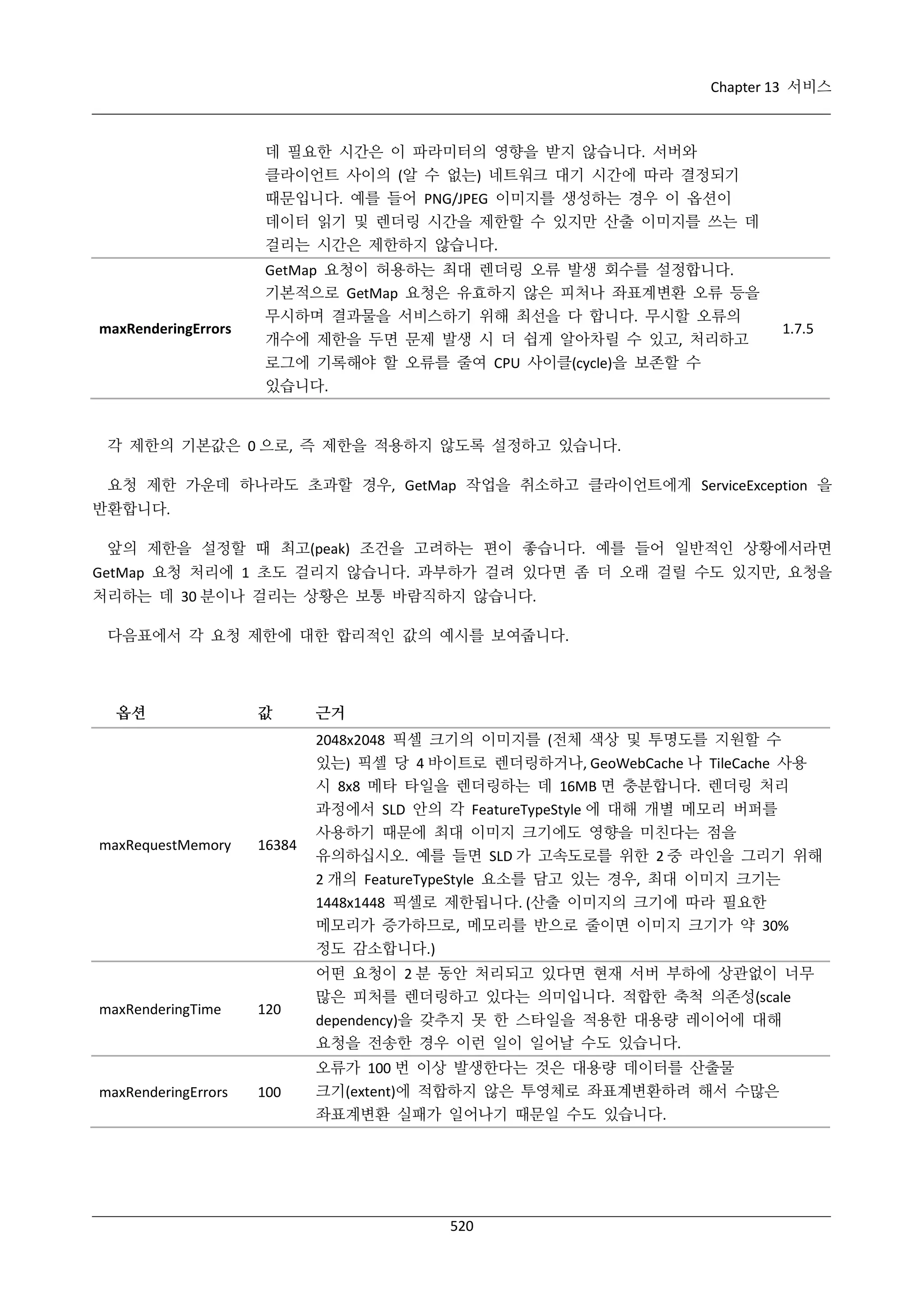 Chapter 13 서비스

데 필요한 시간은 이 파라미터의 영향을 받지 않습니다. 서버와
클라이언트 사이의 (알 수 없는) 네트워크 대기 시간에 따라 결정되기
때문입니다. 예를 들어 PNG/JPEG 이미지를 생성하는 경우 이 옵션이
데이터 읽기 및 렌더링 시간을 제한할 수 있지만 산출 이미지를 쓰는 데
걸리는 시간은 제한하지 않습니다.

maxRenderingErrors

GetMap 요청이 허용하는 최대 렌더링 오류 발생 회수를 설정합니다.
기본적으로 GetMap 요청은 유효하지 않은 피처나 좌표계변환 오류 등을
무시하며 결과물을 서비스하기 위해 최선을 다 합니다. 무시할 오류의
개수에 제한을 두면 문제 발생 시 더 쉽게 알아차릴 수 있고, 처리하고
로그에 기록해야 할 오류를 줄여 CPU 사이클(cycle)을 보존할 수
있습니다.

1.7.5

각 제한의 기본값은 0 으로, 즉 제한을 적용하지 않도록 설정하고 있습니다.
요청 제한 가운데 하나라도 초과할 경우, GetMap 작업을 취소하고 클라이언트에게 ServiceException 을
반환합니다.
앞의 제한을 설정할 때 최고(peak) 조건을 고려하는 편이 좋습니다. 예를 들어 일반적인 상황에서라면
GetMap 요청 처리에 1 초도 걸리지 않습니다. 과부하가 걸려 있다면 좀 더 오래 걸릴 수도 있지만, 요청을
처리하는 데 30 분이나 걸리는 상황은 보통 바람직하지 않습니다.
다음표에서 각 요청 제한에 대한 합리적인 값의 예시를 보여줍니다.

옵션

maxRequestMemory

maxRenderingTime

maxRenderingErrors

값

근거

16384

2048x2048 픽셀 크기의 이미지를 (전체 색상 및 투명도를 지원할 수
있는) 픽셀 당 4 바이트로 렌더링하거나, GeoWebCache 나 TileCache 사용
시 8x8 메타 타일을 렌더링하는 데 16MB 면 충분합니다. 렌더링 처리
과정에서 SLD 안의 각 FeatureTypeStyle 에 대해 개별 메모리 버퍼를
사용하기 때문에 최대 이미지 크기에도 영향을 미친다는 점을
유의하십시오. 예를 들면 SLD 가 고속도로를 위한 2 중 라인을 그리기 위해
2 개의 FeatureTypeStyle 요소를 담고 있는 경우, 최대 이미지 크기는
1448x1448 픽셀로 제한됩니다. (산출 이미지의 크기에 따라 필요한
메모리가 증가하므로, 메모리를 반으로 줄이면 이미지 크기가 약 30%
정도 감소합니다.)

120

어떤 요청이 2 분 동안 처리되고 있다면 현재 서버 부하에 상관없이 너무
많은 피처를 렌더링하고 있다는 의미입니다. 적합한 축척 의존성(scale
dependency)을 갖추지 못 한 스타일을 적용한 대용량 레이어에 대해
요청을 전송한 경우 이런 일이 일어날 수도 있습니다.

100

오류가 100 번 이상 발생한다는 것은 대용량 데이터를 산출물
크기(extent)에 적합하지 않은 투영체로 좌표계변환하려 해서 수많은
좌표계변환 실패가 일어나기 때문일 수도 있습니다.

520

 