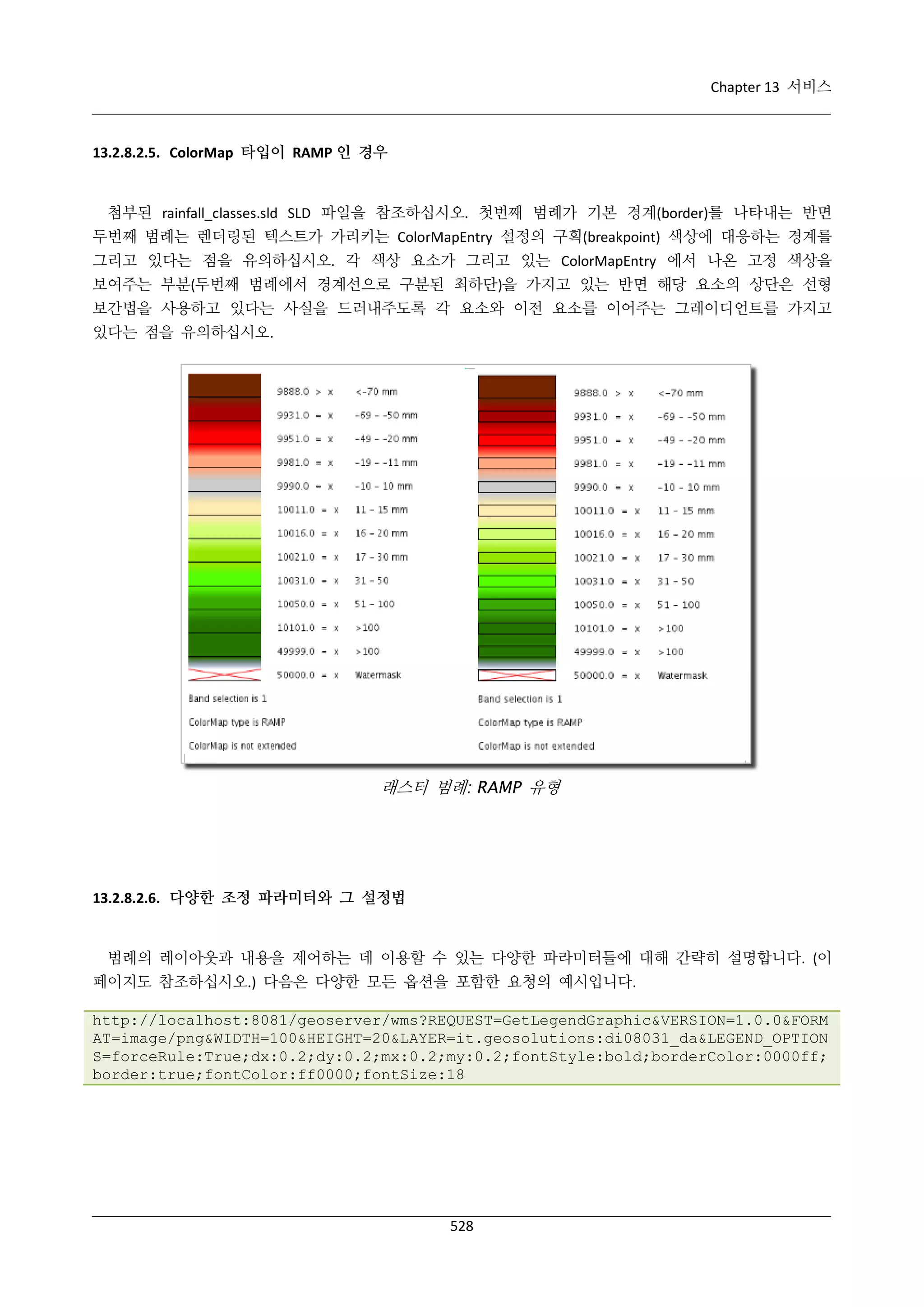 Chapter 13 서비스

13.2.8.2.5. ColorMap 타입이 RAMP 인 경우

첨부된 rainfall_classes.sld SLD 파일을 참조하십시오. 첫번째 범례가 기본 경계(border)를 나타내는 반면
두번째 범례는 렌더링된 텍스트가 가리키는 ColorMapEntry 설정의 구획(breakpoint) 색상에 대응하는 경계를
그리고 있다는 점을 유의하십시오. 각 색상 요소가 그리고 있는 ColorMapEntry 에서 나온 고정 색상을
보여주는 부분(두번째 범례에서 경계선으로 구분된 최하단)을 가지고 있는 반면 해당 요소의 상단은 선형
보간법을 사용하고 있다는 사실을 드러내주도록 각 요소와 이전 요소를 이어주는 그레이디언트를 가지고
있다는 점을 유의하십시오.

래스터 범례: RAMP 유형

13.2.8.2.6. 다양한 조정 파라미터와 그 설정법

범례의 레이아웃과 내용을 제어하는 데 이용할 수 있는 다양한 파라미터들에 대해 간략히 설명합니다. (이
페이지도 참조하십시오.) 다음은 다양한 모든 옵션을 포함한 요청의 예시입니다.
http://localhost:8081/geoserver/wms?REQUEST=GetLegendGraphic&VERSION=1.0.0&FORM
AT=image/png&WIDTH=100&HEIGHT=20&LAYER=it.geosolutions:di08031_da&LEGEND_OPTION
S=forceRule:True;dx:0.2;dy:0.2;mx:0.2;my:0.2;fontStyle:bold;borderColor:0000ff;
border:true;fontColor:ff0000;fontSize:18

528

 