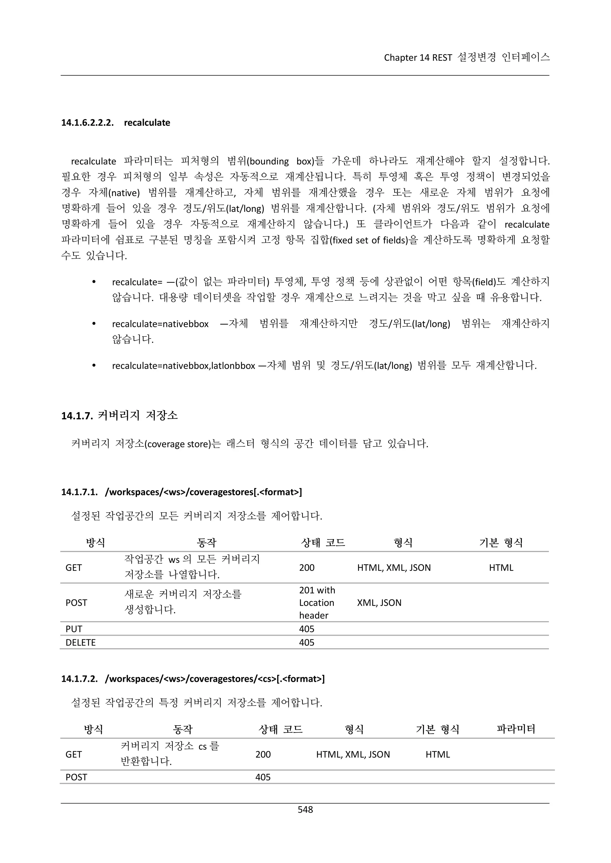 Chapter 14 REST 설정변경 인터페이스

14.1.6.2.2.2. recalculate

recalculate 파라미터는 피처형의 범위(bounding box)들 가운데 하나라도 재계산해야 할지 설정합니다.
필요한 경우 피처형의 일부 속성은 자동적으로 재계산됩니다. 특히 투영체 혹은 투영 정책이 변경되었을
경우 자체(native) 범위를 재계산하고, 자체 범위를 재계산했을 경우 또는 새로운 자체 범위가 요청에
명확하게 들어 있을 경우 경도/위도(lat/long) 범위를 재계산합니다. (자체 범위와 경도/위도 범위가 요청에
명확하게 들어 있을 경우 자동적으로 재계산하지 않습니다.) 또 클라이언트가 다음과 같이 recalculate
파라미터에 쉼표로 구분된 명칭을 포함시켜 고정 항목 집합(fixed set of fields)을 계산하도록 명확하게 요청할
수도 있습니다.


recalculate= —(값이 없는 파라미터) 투영체, 투영 정책 등에 상관없이 어떤 항목(field)도 계산하지
않습니다. 대용량 데이터셋을 작업할 경우 재계산으로 느려지는 것을 막고 싶을 때 유용합니다.



recalculate=nativebbox

—자체

범위를

재계산하지만

경도/위도(lat/long)

범위는

재계산하지

않습니다.


recalculate=nativebbox,latlonbbox —자체 범위 및 경도/위도(lat/long) 범위를 모두 재계산합니다.

14.1.7. 커버리지 저장소
커버리지 저장소(coverage store)는 래스터 형식의 공간 데이터를 담고 있습니다.

14.1.7.1. /workspaces/<ws>/coveragestores[.<format>]
설정된 작업공간의 모든 커버리지 저장소를 제어합니다.
방식

동작

상태 코드

작업공간 ws 의 모든 커버리지
저장소를 나열합니다.

GET
POST

200

생성합니다.

PUT
DELETE

기본 형식

HTML, XML, JSON

201 with
Location
header
405
405

새로운 커버리지 저장소를

형식

HTML

XML, JSON

14.1.7.2. /workspaces/<ws>/coveragestores/<cs>[.<format>]
설정된 작업공간의 특정 커버리지 저장소를 제어합니다.
방식
GET
POST

동작
커버리지 저장소 cs 를
반환합니다.

상태 코드

405
548

기본 형식

HTML, XML, JSON

200

형식

HTML

파라미터

 