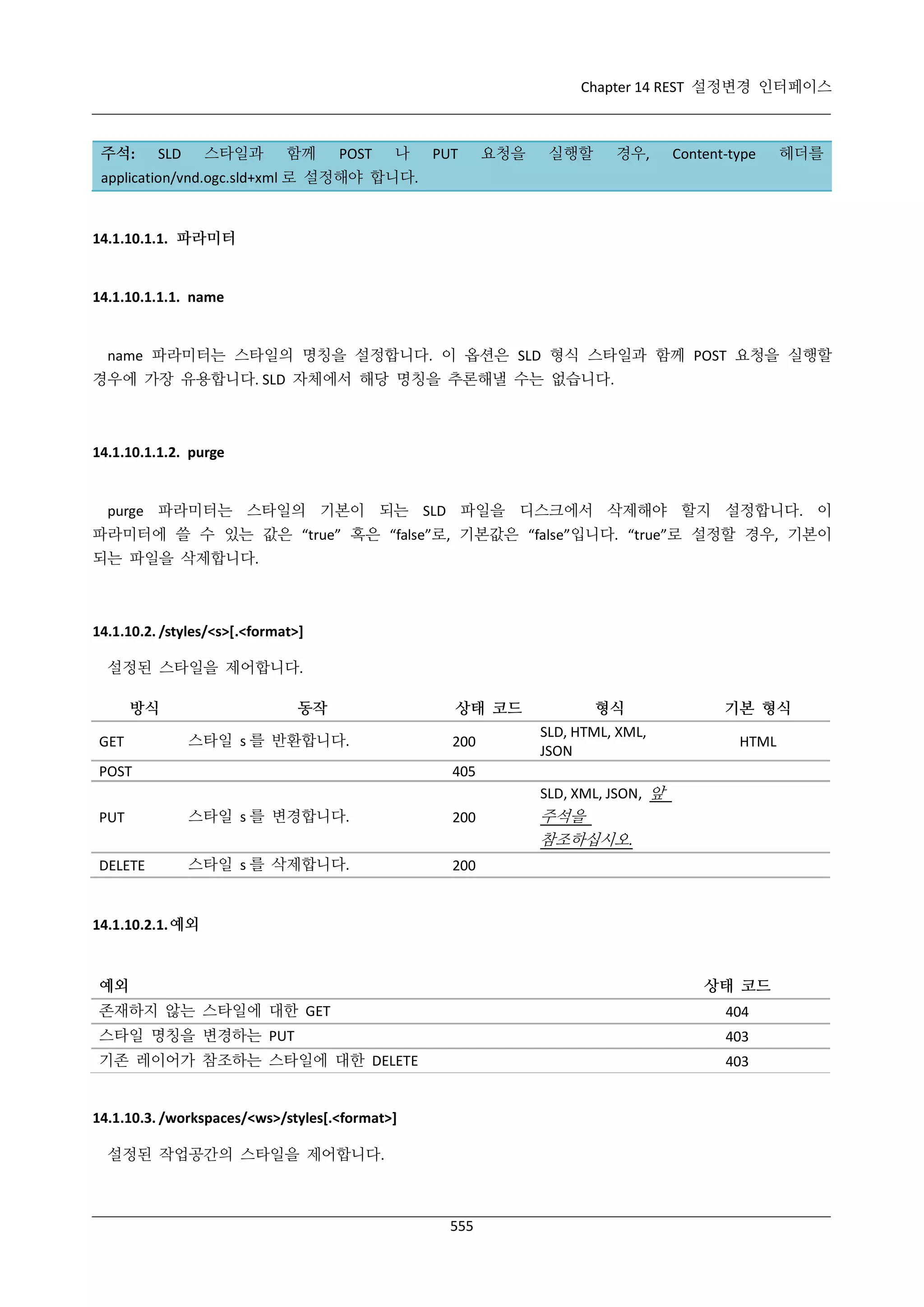 Chapter 14 REST 설정변경 인터페이스

주석:

스타일과

SLD

함께

POST

나

PUT

요청을

실행할

경우,

Content-type

헤더를

application/vnd.ogc.sld+xml 로 설정해야 합니다.

14.1.10.1.1. 파라미터

14.1.10.1.1.1. name

name 파라미터는 스타일의 명칭을 설정합니다. 이 옵션은 SLD 형식 스타일과 함께 POST 요청을 실행할
경우에 가장 유용합니다. SLD 자체에서 해당 명칭을 추론해낼 수는 없습니다.

14.1.10.1.1.2. purge

purge 파라미터는 스타일의 기본이 되는 SLD 파일을 디스크에서 삭제해야 할지 설정합니다. 이
파라미터에 쓸 수 있는 값은 “true” 혹은 “false”로, 기본값은 “false”입니다. “true”로 설정할 경우, 기본이
되는 파일을 삭제합니다.

14.1.10.2. /styles/<s>[.<format>]
설정된 스타일을 제어합니다.
방식
GET

동작
스타일 s 를 반환합니다.

POST

상태 코드
200

형식
SLD, HTML, XML,
JSON

기본 형식
HTML

405
SLD, XML, JSON, 앞

PUT

스타일 s 를 변경합니다.

200

DELETE

스타일 s 를 삭제합니다.

주석을
참조하십시오.

200

14.1.10.2.1. 예외

예외

상태 코드

존재하지 않는 스타일에 대한 GET

404

스타일 명칭을 변경하는 PUT

403

기존 레이어가 참조하는 스타일에 대한 DELETE

403

14.1.10.3. /workspaces/<ws>/styles[.<format>]
설정된 작업공간의 스타일을 제어합니다.

555

 