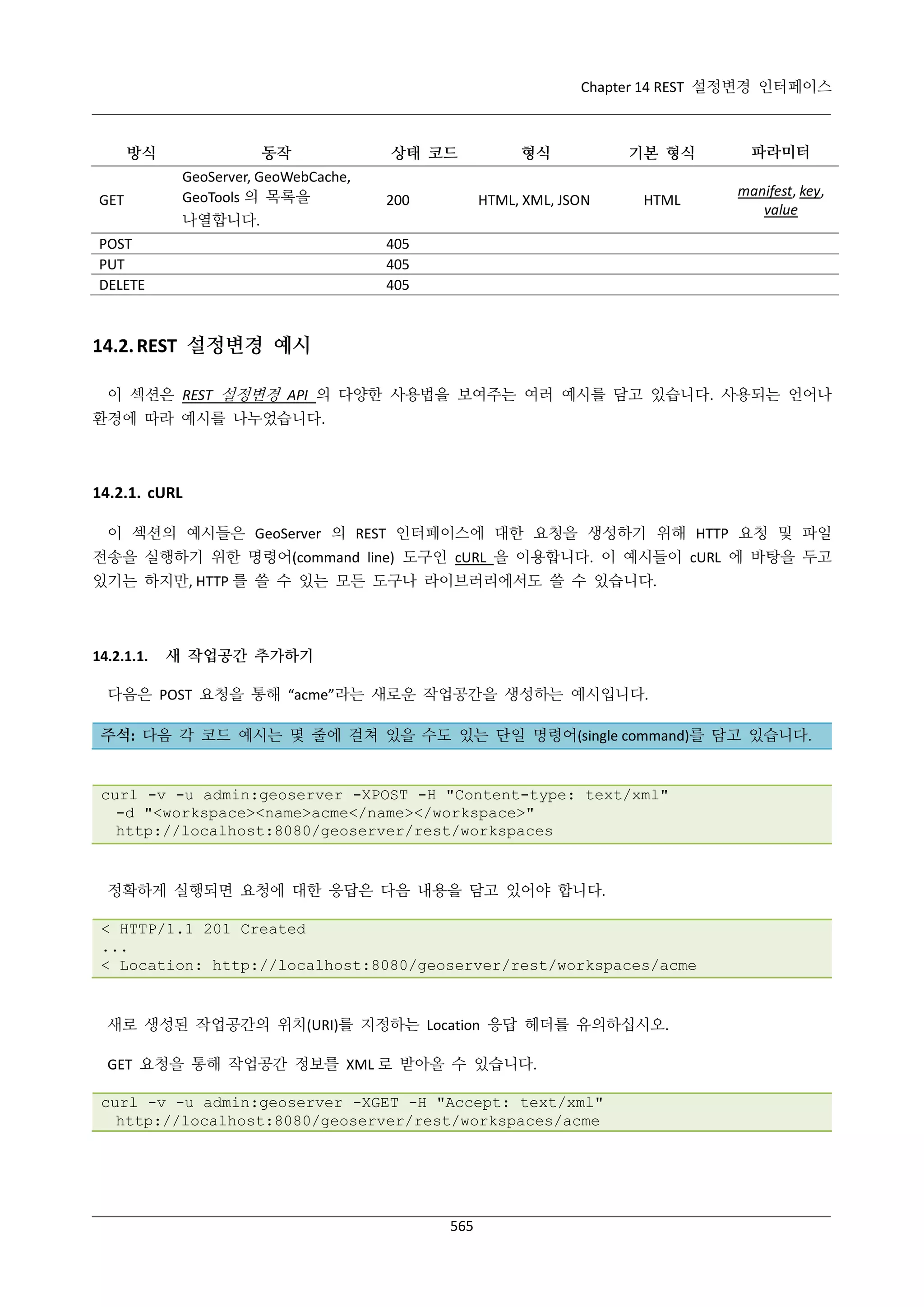 Chapter 14 REST 설정변경 인터페이스

방식
GET

동작
GeoServer, GeoWebCache,
GeoTools 의 목록을
나열합니다.

POST
PUT
DELETE

200

형식

기본 형식

파라미터

HTML, XML, JSON

상태 코드

HTML

manifest, key,
value

405
405
405

14.2. REST 설정변경 예시
이 섹션은 REST 설정변경 API 의 다양한 사용법을 보여주는 여러 예시를 담고 있습니다. 사용되는 언어나
환경에 따라 예시를 나누었습니다.

14.2.1. cURL
이 섹션의 예시들은 GeoServer 의 REST 인터페이스에 대한 요청을 생성하기 위해 HTTP 요청 및 파일
전송을 실행하기 위한 명령어(command line) 도구인 cURL 을 이용합니다. 이 예시들이 cURL 에 바탕을 두고
있기는 하지만, HTTP 를 쓸 수 있는 모든 도구나 라이브러리에서도 쓸 수 있습니다.

14.2.1.1.

새 작업공간 추가하기

다음은 POST 요청을 통해 “acme”라는 새로운 작업공간을 생성하는 예시입니다.
주석: 다음 각 코드 예시는 몇 줄에 걸쳐 있을 수도 있는 단일 명령어(single command)를 담고 있습니다.

curl -v -u admin:geoserver -XPOST -H "Content-type: text/xml"
-d "<workspace><name>acme</name></workspace>"
http://localhost:8080/geoserver/rest/workspaces

정확하게 실행되면 요청에 대한 응답은 다음 내용을 담고 있어야 합니다.
< HTTP/1.1 201 Created
...
< Location: http://localhost:8080/geoserver/rest/workspaces/acme

새로 생성된 작업공간의 위치(URI)를 지정하는 Location 응답 헤더를 유의하십시오.
GET 요청을 통해 작업공간 정보를 XML 로 받아올 수 있습니다.
curl -v -u admin:geoserver -XGET -H "Accept: text/xml"
http://localhost:8080/geoserver/rest/workspaces/acme

565

 