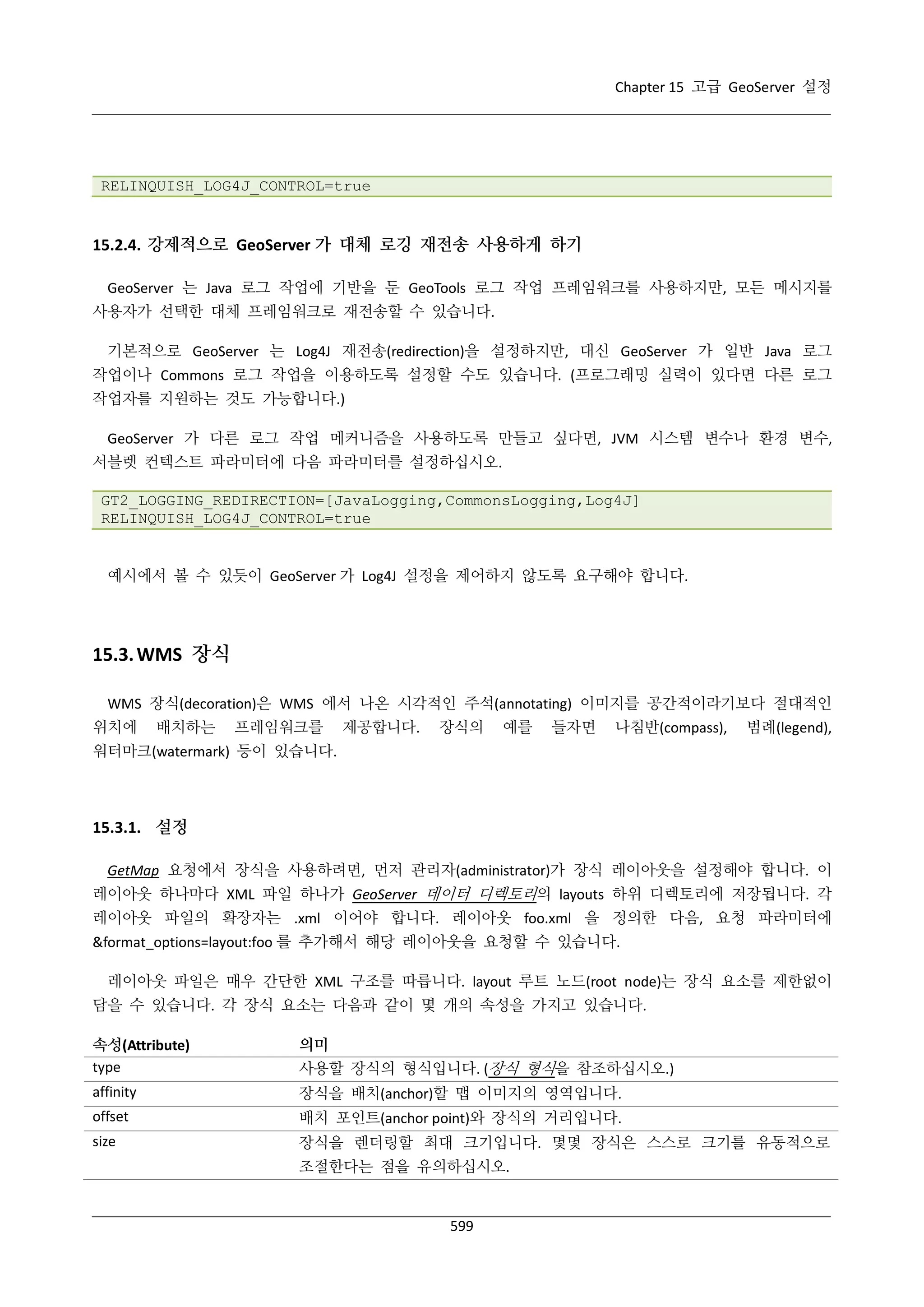 Chapter 15 고급 GeoServer 설정

RELINQUISH_LOG4J_CONTROL=true

15.2.4. 강제적으로 GeoServer 가 대체 로깅 재전송 사용하게 하기
GeoServer 는 Java 로그 작업에 기반을 둔 GeoTools 로그 작업 프레임워크를 사용하지만, 모든 메시지를
사용자가 선택한 대체 프레임워크로 재전송할 수 있습니다.
기본적으로 GeoServer 는 Log4J 재전송(redirection)을 설정하지만, 대신 GeoServer 가 일반 Java 로그
작업이나 Commons 로그 작업을 이용하도록 설정할 수도 있습니다. (프로그래밍 실력이 있다면 다른 로그
작업자를 지원하는 것도 가능합니다.)
GeoServer 가 다른 로그 작업 메커니즘을 사용하도록 만들고 싶다면, JVM 시스템 변수나 환경 변수,
서블렛 컨텍스트 파라미터에 다음 파라미터를 설정하십시오.
GT2_LOGGING_REDIRECTION=[JavaLogging,CommonsLogging,Log4J]
RELINQUISH_LOG4J_CONTROL=true

예시에서 볼 수 있듯이 GeoServer 가 Log4J 설정을 제어하지 않도록 요구해야 합니다.

15.3. WMS 장식
WMS 장식(decoration)은 WMS 에서 나온 시각적인 주석(annotating) 이미지를 공간적이라기보다 절대적인
위치에

배치하는

프레임워크를

제공합니다.

장식의

예를

들자면

나침반(compass),

범례(legend),

워터마크(watermark) 등이 있습니다.

15.3.1. 설정
GetMap 요청에서 장식을 사용하려면, 먼저 관리자(administrator)가 장식 레이아웃을 설정해야 합니다. 이
레이아웃 하나마다 XML 파일 하나가 GeoServer 데이터 디렉토리의 layouts 하위 디렉토리에 저장됩니다. 각
레이아웃 파일의 확장자는 .xml 이어야 합니다. 레이아웃 foo.xml 을 정의한 다음, 요청 파라미터에
&format_options=layout:foo 를 추가해서 해당 레이아웃을 요청할 수 있습니다.
레이아웃 파일은 매우 간단한 XML 구조를 따릅니다. layout 루트 노드(root node)는 장식 요소를 제한없이
담을 수 있습니다. 각 장식 요소는 다음과 같이 몇 개의 속성을 가지고 있습니다.
속성(Attribute)
type

의미

affinity

장식을 배치(anchor)할 맵 이미지의 영역입니다.

offset

배치 포인트(anchor point)와 장식의 거리입니다.

size

장식을 렌더링할 최대 크기입니다. 몇몇 장식은 스스로 크기를 유동적으로

사용할 장식의 형식입니다. (장식 형식을 참조하십시오.)

조절한다는 점을 유의하십시오.

599

 