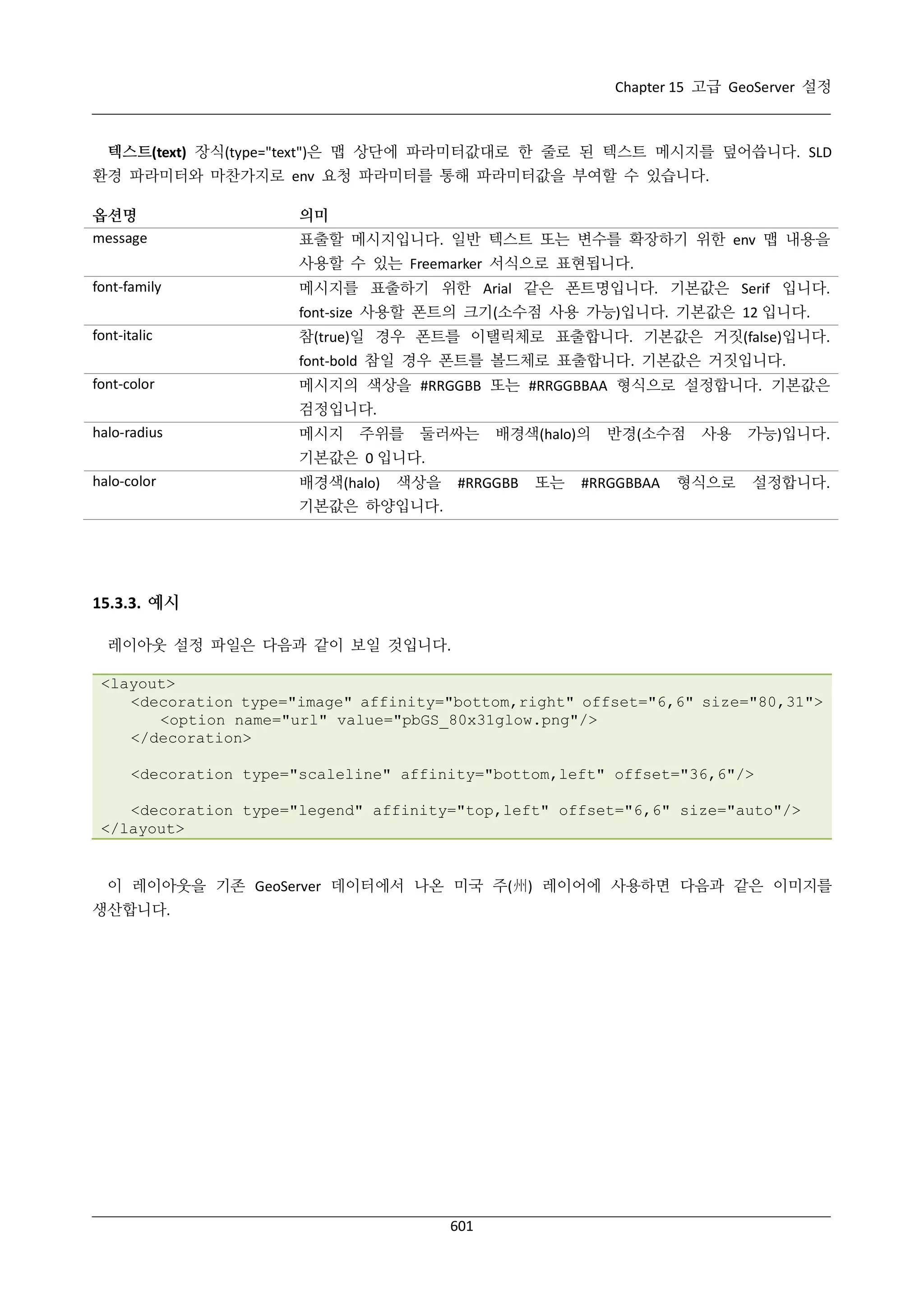 Chapter 15 고급 GeoServer 설정

텍스트(text) 장식(type="text")은 맵 상단에 파라미터값대로 한 줄로 된 텍스트 메시지를 덮어씁니다. SLD
환경 파라미터와 마찬가지로 env 요청 파라미터를 통해 파라미터값을 부여할 수 있습니다.
옵션명
message

의미
표출할 메시지입니다. 일반 텍스트 또는 변수를 확장하기 위한 env 맵 내용을
사용할 수 있는 Freemarker 서식으로 표현됩니다.

font-family

메시지를 표출하기 위한 Arial 같은 폰트명입니다. 기본값은 Serif 입니다.
font-size 사용할 폰트의 크기(소수점 사용 가능)입니다. 기본값은 12 입니다.

font-italic

참(true)일 경우 폰트를 이탤릭체로 표출합니다. 기본값은 거짓(false)입니다.
font-bold 참일 경우 폰트를 볼드체로 표출합니다. 기본값은 거짓입니다.

font-color

메시지의 색상을 #RRGGBB 또는 #RRGGBBAA 형식으로 설정합니다. 기본값은
검정입니다.

halo-radius

메시지

주위를

둘러싸는

배경색(halo)의

반경(소수점

사용

가능)입니다.

형식으로

설정합니다.

기본값은 0 입니다.
halo-color

배경색(halo)

색상을

#RRGGBB

또는

#RRGGBBAA

기본값은 하양입니다.

15.3.3. 예시
레이아웃 설정 파일은 다음과 같이 보일 것입니다.
<layout>
<decoration type="image" affinity="bottom,right" offset="6,6" size="80,31">
<option name="url" value="pbGS_80x31glow.png"/>
</decoration>
<decoration type="scaleline" affinity="bottom,left" offset="36,6"/>
<decoration type="legend" affinity="top,left" offset="6,6" size="auto"/>
</layout>

이 레이아웃을 기존 GeoServer 데이터에서 나온 미국 주(州) 레이어에 사용하면 다음과 같은 이미지를
생산합니다.

601

 