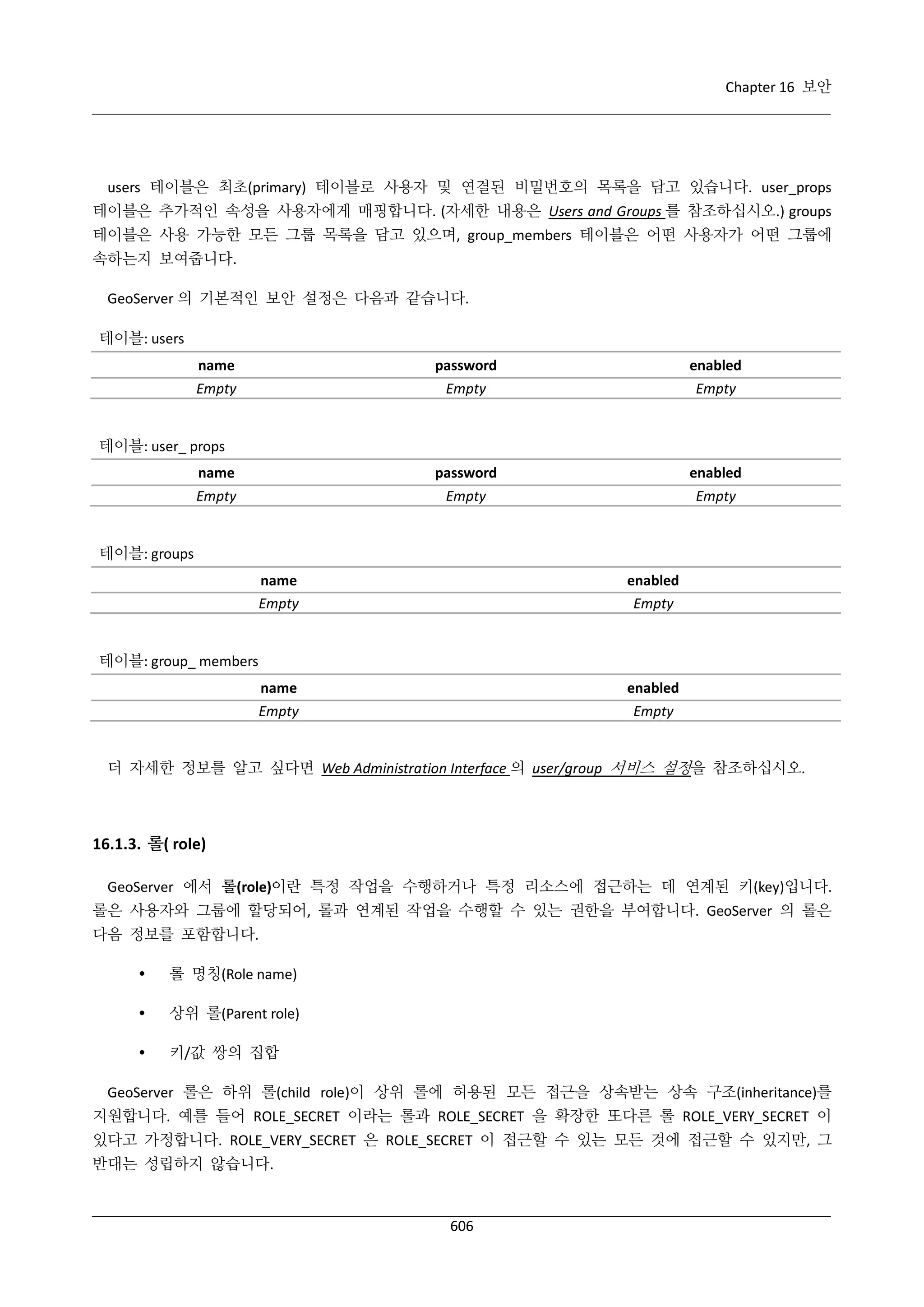 Chapter 16 보안

users 테이블은 최초(primary) 테이블로 사용자 및 연결된 비밀번호의 목록을 담고 있습니다. user_props
테이블은 추가적인 속성을 사용자에게 매핑합니다. (자세한 내용은 Users and Groups 를 참조하십시오.) groups
테이블은 사용 가능한 모든 그룹 목록을 담고 있으며, group_members 테이블은 어떤 사용자가 어떤 그룹에
속하는지 보여줍니다.
GeoServer 의 기본적인 보안 설정은 다음과 같습니다.
테이블: users
name
Empty

password
Empty

enabled
Empty

password
Empty

enabled
Empty

테이블: user_ props
name
Empty

테이블: groups
name
Empty

enabled
Empty

name
Empty

enabled
Empty

테이블: group_ members

더 자세한 정보를 알고 싶다면 Web Administration Interface 의 user/group 서비스 설정을 참조하십시오.

16.1.3. 롤( role)
GeoServer 에서 롤(role)이란 특정 작업을 수행하거나 특정 리소스에 접근하는 데 연계된 키(key)입니다.
롤은 사용자와 그룹에 할당되어, 롤과 연계된 작업을 수행할 수 있는 권한을 부여합니다. GeoServer 의 롤은
다음 정보를 포함합니다.


롤 명칭(Role name)



상위 롤(Parent role)



키/값 쌍의 집합

GeoServer 롤은 하위 롤(child role)이 상위 롤에 허용된 모든 접근을 상속받는 상속 구조(inheritance)를
지원합니다. 예를 들어 ROLE_SECRET 이라는 롤과 ROLE_SECRET 을 확장한 또다른 롤 ROLE_VERY_SECRET 이
있다고 가정합니다. ROLE_VERY_SECRET 은 ROLE_SECRET 이 접근할 수 있는 모든 것에 접근할 수 있지만, 그
반대는 성립하지 않습니다.

606

 