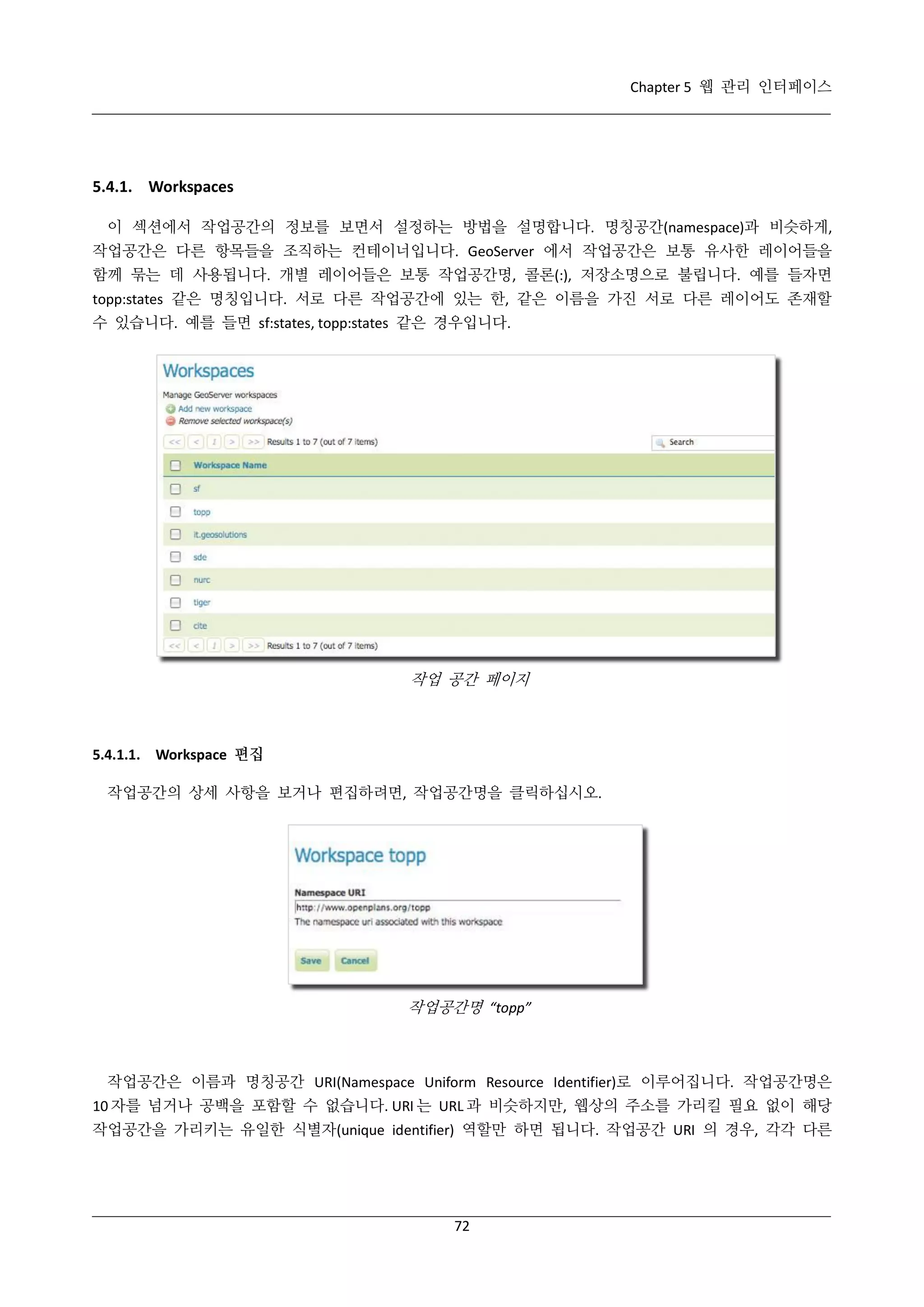 Chapter 5 웹 관리 인터페이스

5.4.1. Workspaces
이 섹션에서 작업공간의 정보를 보면서 설정하는 방법을 설명합니다. 명칭공간(namespace)과 비슷하게,
작업공간은 다른 항목들을 조직하는 컨테이너입니다. GeoServer 에서 작업공간은 보통 유사한 레이어들을
함께 묶는 데 사용됩니다. 개별 레이어들은 보통 작업공간명, 콜론(:), 저장소명으로 불립니다. 예를 들자면
topp:states 같은 명칭입니다. 서로 다른 작업공간에 있는 한, 같은 이름을 가진 서로 다른 레이어도 존재할
수 있습니다. 예를 들면 sf:states, topp:states 같은 경우입니다.

작업 공간 페이지

5.4.1.1. Workspace 편집
작업공간의 상세 사항을 보거나 편집하려면, 작업공간명을 클릭하십시오.

작업공간명 “topp”

작업공간은 이름과 명칭공간 URI(Namespace Uniform Resource Identifier)로 이루어집니다. 작업공간명은
10 자를 넘거나 공백을 포함할 수 없습니다. URI 는 URL 과 비슷하지만, 웹상의 주소를 가리킬 필요 없이 해당
작업공간을 가리키는 유일한 식별자(unique identifier) 역할만 하면 됩니다. 작업공간 URI 의 경우, 각각 다른

72

 