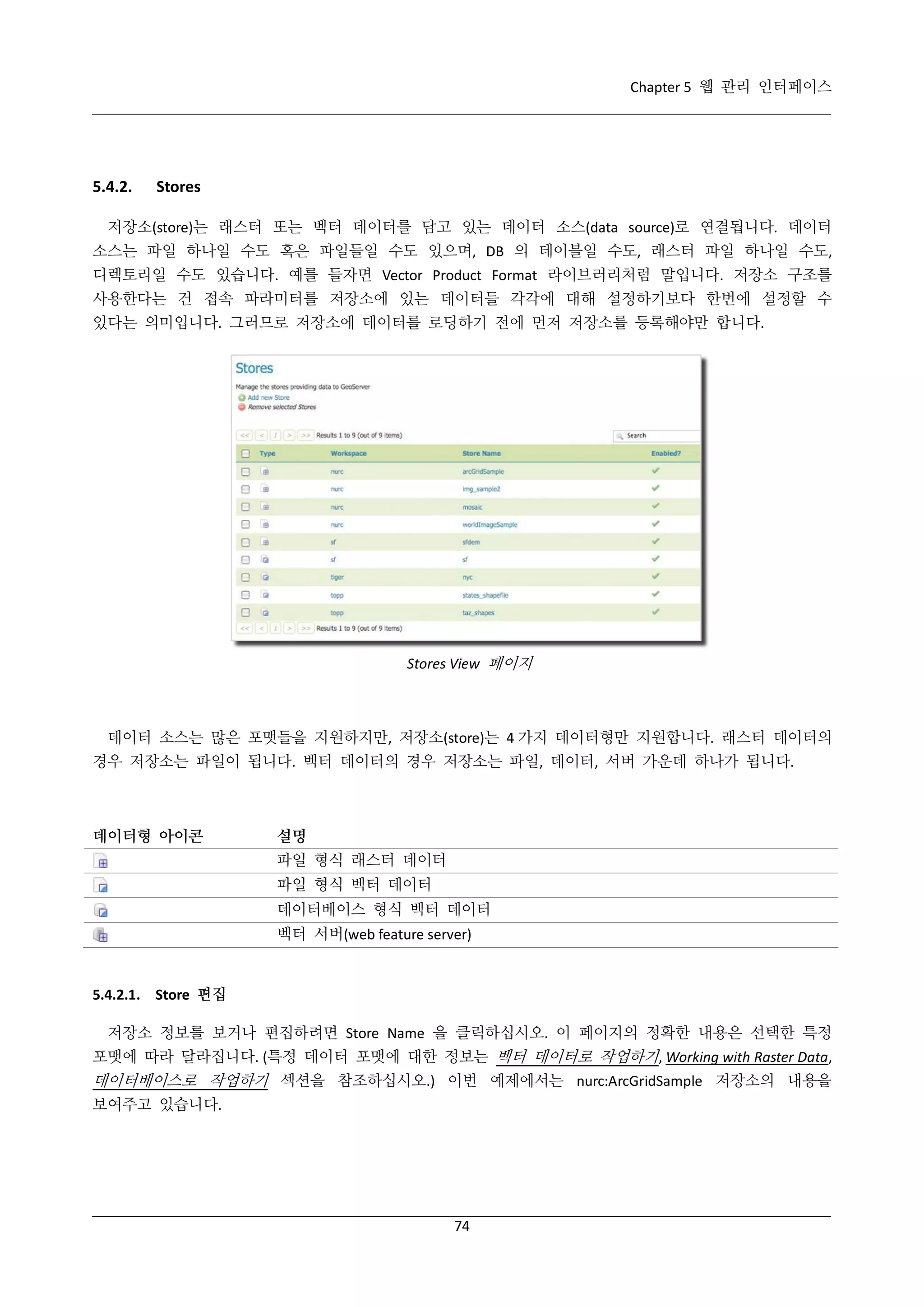 Chapter 5 웹 관리 인터페이스

5.4.2.

Stores

저장소(store)는 래스터 또는 벡터 데이터를 담고 있는 데이터 소스(data source)로 연결됩니다. 데이터
소스는 파일 하나일 수도 혹은 파일들일 수도 있으며, DB 의 테이블일 수도, 래스터 파일 하나일 수도,
디렉토리일 수도 있습니다. 예를 들자면 Vector Product Format 라이브러리처럼 말입니다. 저장소 구조를
사용한다는 건 접속 파라미터를 저장소에 있는 데이터들 각각에 대해 설정하기보다 한번에 설정할 수
있다는 의미입니다. 그러므로 저장소에 데이터를 로딩하기 전에 먼저 저장소를 등록해야만 합니다.

Stores View 페이지

데이터 소스는 많은 포맷들을 지원하지만, 저장소(store)는 4 가지 데이터형만 지원합니다. 래스터 데이터의
경우 저장소는 파일이 됩니다. 벡터 데이터의 경우 저장소는 파일, 데이터, 서버 가운데 하나가 됩니다.

데이터형 아이콘

설명
파일 형식 래스터 데이터
파일 형식 벡터 데이터
데이터베이스 형식 벡터 데이터
벡터 서버(web feature server)

5.4.2.1. Store 편집
저장소 정보를 보거나 편집하려면 Store Name 을 클릭하십시오. 이 페이지의 정확한 내용은 선택한 특정
포맷에 따라 달라집니다. (특정 데이터 포맷에 대한 정보는 벡터 데이터로 작업하기, Working with Raster Data,

데이터베이스로 작업하기 섹션을 참조하십시오.) 이번 예제에서는 nurc:ArcGridSample 저장소의 내용을
보여주고 있습니다.

74

 