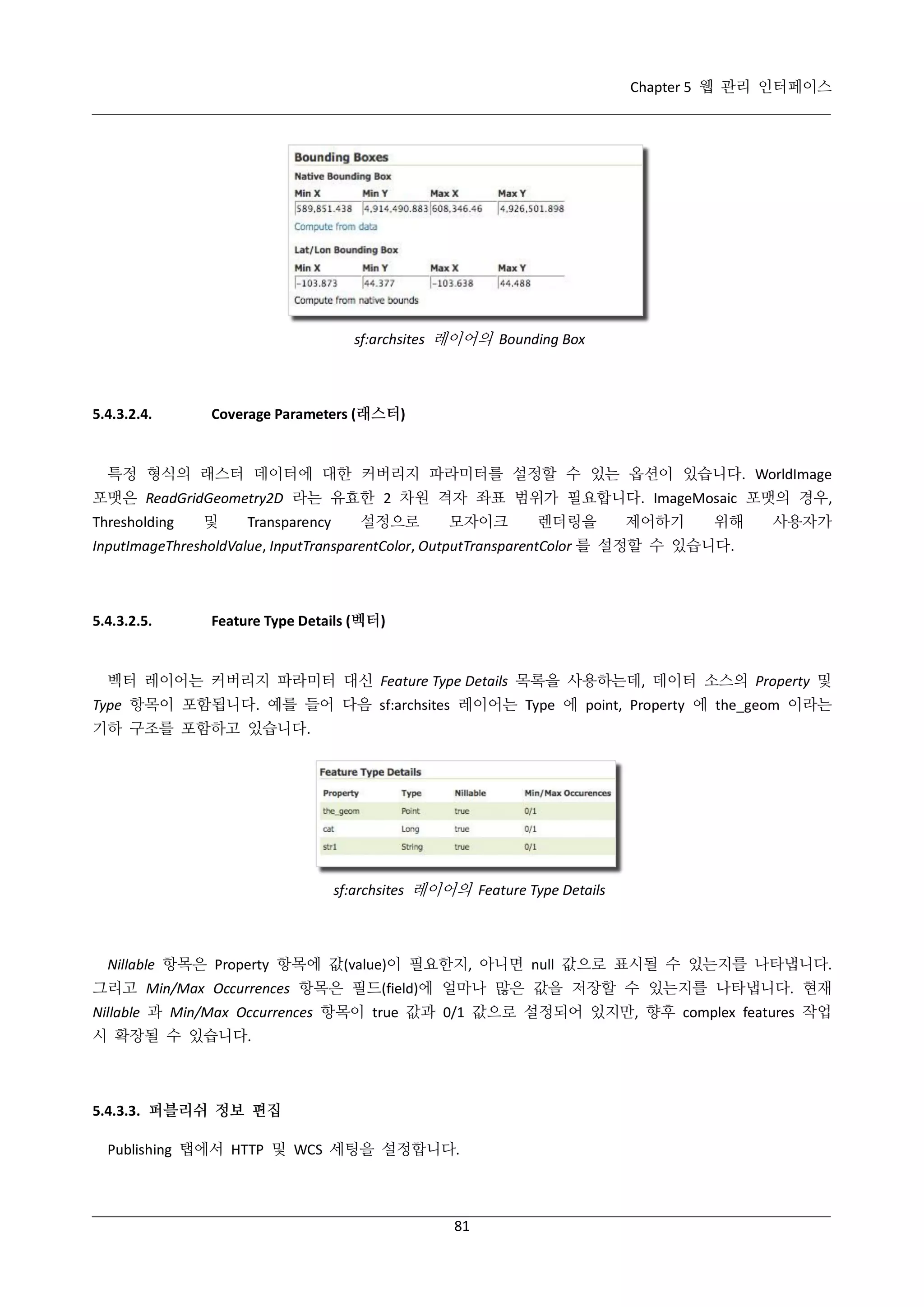 Chapter 5 웹 관리 인터페이스

sf:archsites 레이어의 Bounding Box

5.4.3.2.4.

Coverage Parameters (래스터)

특정 형식의 래스터 데이터에 대한 커버리지 파라미터를 설정할 수 있는 옵션이 있습니다. WorldImage
포맷은 ReadGridGeometry2D 라는 유효한 2 차원 격자 좌표 범위가 필요합니다. ImageMosaic 포맷의 경우,
Thresholding

및

Transparency

설정으로

모자이크

렌더링을

제어하기

위해

사용자가

InputImageThresholdValue, InputTransparentColor, OutputTransparentColor 를 설정할 수 있습니다.

5.4.3.2.5.

Feature Type Details (벡터)

벡터 레이어는 커버리지 파라미터 대신 Feature Type Details 목록을 사용하는데, 데이터 소스의 Property 및
Type 항목이 포함됩니다. 예를 들어 다음 sf:archsites 레이어는 Type 에 point, Property 에 the_geom 이라는
기하 구조를 포함하고 있습니다.

sf:archsites 레이어의 Feature Type Details

Nillable 항목은 Property 항목에 값(value)이 필요한지, 아니면 null 값으로 표시될 수 있는지를 나타냅니다.
그리고 Min/Max Occurrences 항목은 필드(field)에 얼마나 많은 값을 저장할 수 있는지를 나타냅니다. 현재
Nillable 과 Min/Max Occurrences 항목이 true 값과 0/1 값으로 설정되어 있지만, 향후 complex features 작업
시 확장될 수 있습니다.

5.4.3.3. 퍼블리쉬 정보 편집
Publishing 탭에서 HTTP 및 WCS 세팅을 설정합니다.

81

 