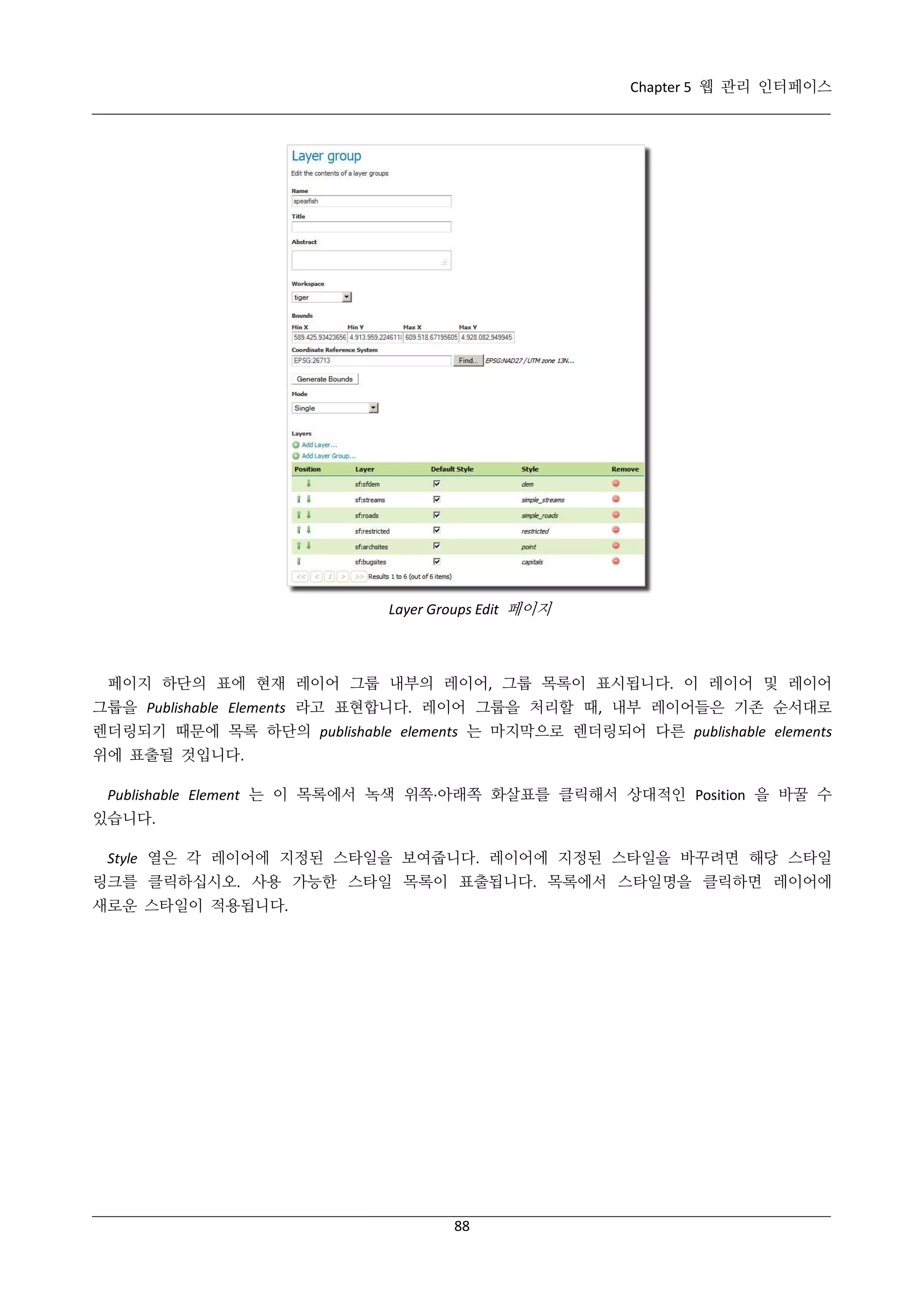 Chapter 5 웹 관리 인터페이스

Layer Groups Edit 페이지

페이지 하단의 표에 현재 레이어 그룹 내부의 레이어, 그룹 목록이 표시됩니다. 이 레이어 및 레이어
그룹을 Publishable Elements 라고 표현합니다. 레이어 그룹을 처리할 때, 내부 레이어들은 기존 순서대로
렌더링되기 때문에 목록 하단의 publishable elements 는 마지막으로 렌더링되어 다른 publishable elements
위에 표출될 것입니다.
Publishable Element 는 이 목록에서 녹색 위쪽·
아래쪽 화살표를 클릭해서 상대적인 Position 을 바꿀 수
있습니다.
Style 열은 각 레이어에 지정된 스타일을 보여줍니다. 레이어에 지정된 스타일을 바꾸려면 해당 스타일
링크를 클릭하십시오. 사용 가능한 스타일 목록이 표출됩니다. 목록에서 스타일명을 클릭하면 레이어에
새로운 스타일이 적용됩니다.

88

 