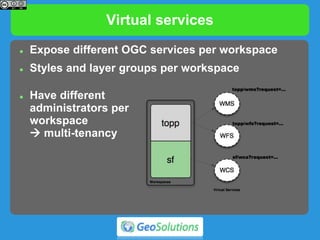 Virtual services
 Expose different OGC services per workspace
 Styles and layer groups per workspace
 Have different
administrators per
workspace
 multi-tenancy
 