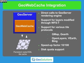 GeoWebCache Integration
GeoServer
GeoWebCache
Persistent raster/KML
tile cache
 Direct calls to GeoServer
rendering engine
 Support for layers modified
through WFS-T
 Support for various tile
protocols
 GMap, Gearth
 OpenLayers, VEarth,
Bing
 Speed-up factor 10/100
 Disk quota support
 