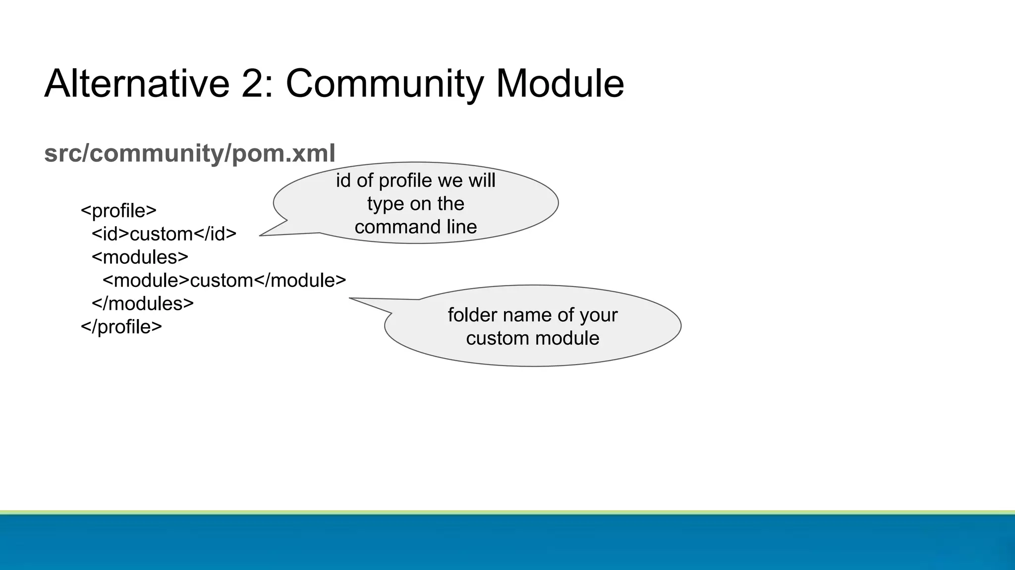 Alternative 2: Community Module
src/community/pom.xml
<profile>
<id>custom</id>
<modules>
<module>custom</module>
</modules>
</profile>
id of profile we will
type on the
command line
folder name of your
custom module
 