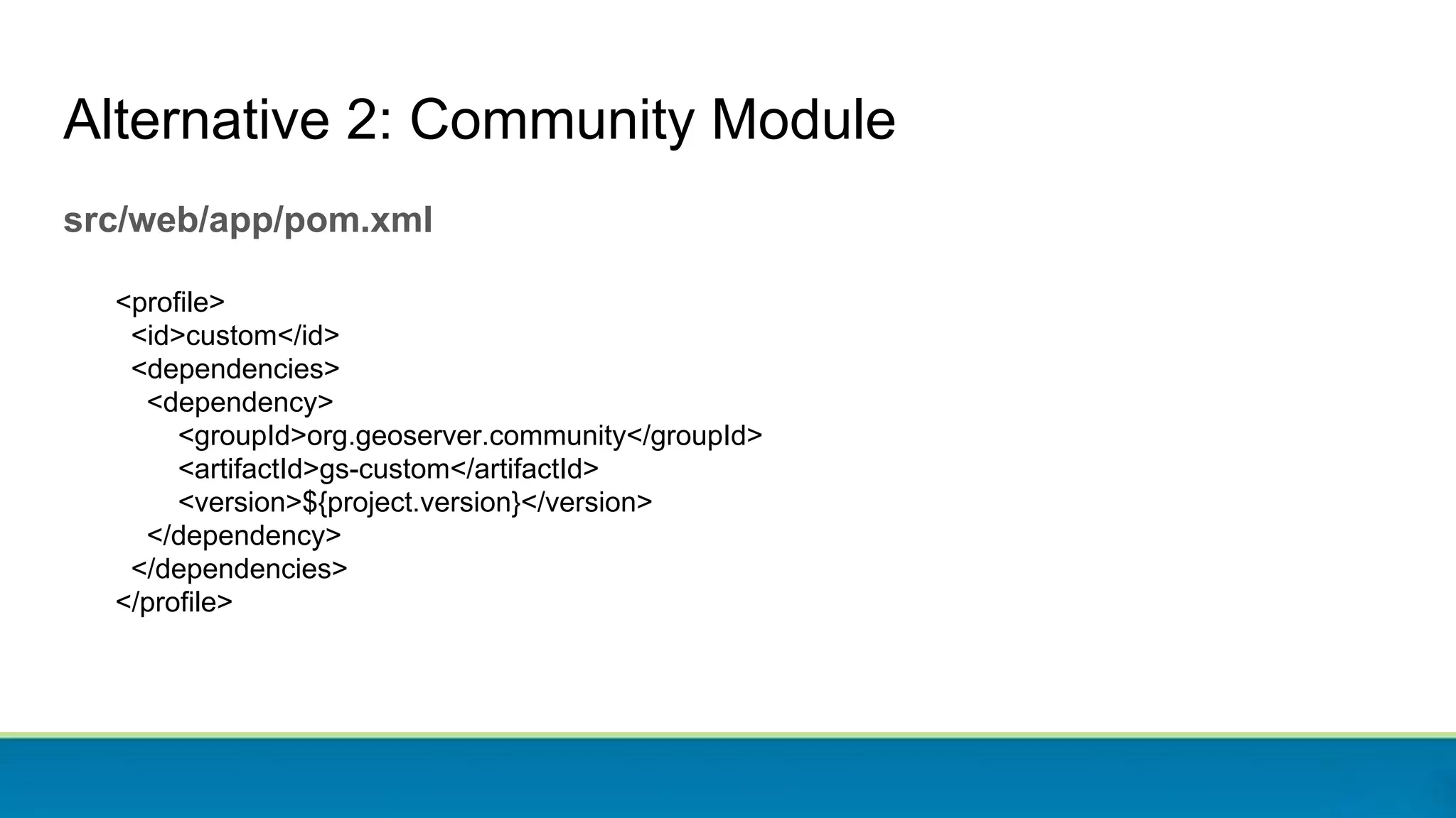 Alternative 2: Community Module
src/web/app/pom.xml
<profile>
<id>custom</id>
<dependencies>
<dependency>
<groupId>org.geoserver.community</groupId>
<artifactId>gs-custom</artifactId>
<version>${project.version}</version>
</dependency>
</dependencies>
</profile>
 