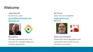 Welcome
Ian Turon
Open Source Evangelist
ian@ianturton.com
@ijturton
Astun technologies
Passionate about geography and
passionate about open (source,
standards and data).
Jody Garnett
Community Lead
jgarnett@boundlessgeo.com
@jodygarnett
Boundless
Provides geospatial tools and
services for managing data and
building applications.
 