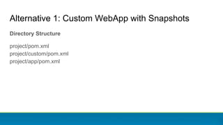Alternative 1: Custom WebApp with Snapshots
Directory Structure
project/pom.xml
project/custom/pom.xml
project/app/pom.xml
 