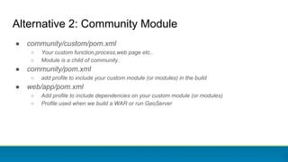 Alternative 2: Community Module
● community/custom/pom.xml
○ Your custom function,process,web page etc..
○ Module is a child of community.
● community/pom.xml
○ add profile to include your custom module (or modules) in the build
● web/app/pom.xml
○ Add profile to include dependencies on your custom module (or modules)
○ Profile used when we build a WAR or run GeoServer
 
