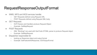 RequestResponseOutputFormat
● WMS, WFS and WCS services handle:
○ GET Requests defined using Request URL
○ POST Requests defined using Request XML body
● GET Requests
○ KVP Parsers and Handlers produce Request Object
○ Example: GetMapRequest
● POST Requests
○ XML "Bindings" are used with GeoTools GTXML parser to produce Request object
○ Example: GetMapRequest
● Dispatcher responsible for
○ looking up Response object and output format
○ Example: GetFeatureInfoResponse, CSVOutputFormat
 
