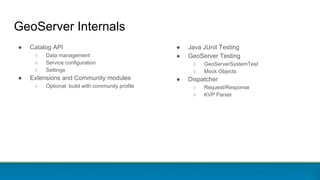 ● Catalog API
○ Data management
○ Service configuration
○ Settings
● Extensions and Community modules
○ Optional: build with community profile
GeoServer Internals
● Java JUnit Testing
● GeoServer Testing
○ GeoServerSystemTest
○ Mock Objects
● Dispatcher
○ Request/Response
○ KVP Parser
 