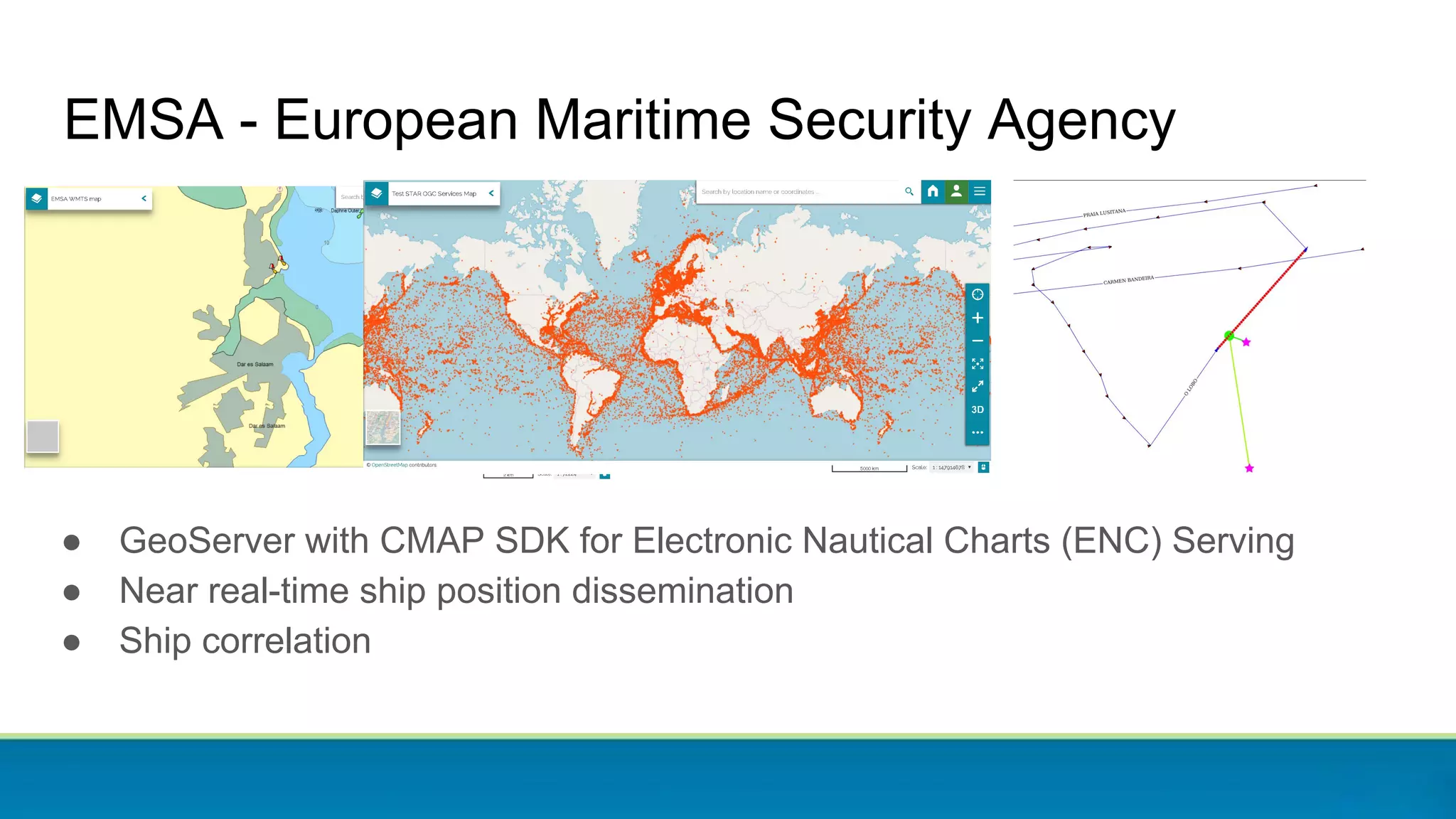EMSA - European Maritime Security Agency
● GeoServer with CMAP SDK for Electronic Nautical Charts (ENC) Serving
● Near real-time ship position dissemination
● Ship correlation
 