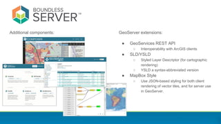 Additional components: GeoServer extensions:
● GeoServices REST API
○ Interoperability with ArcGIS clients
● SLD/YSLD
○ Styled Layer Descriptor (for cartographic
rendering)
○ YSLD a syntax-abbreviated version
● MapBox Style
○ Use JSON-based styling for both client
rendering of vector tiles, and for server use
in GeoServer.
 