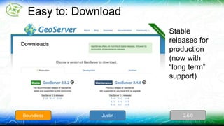 Easy to: Download 
Stable 
releases for 
production 
(now with 
“long term” 
support) 
Boundless Justin 2.6.0 
 