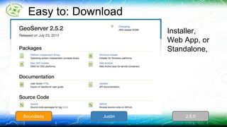 Easy to: Download 
Installer, 
Web App, or 
Standalone, 
Boundless Justin 2.6.0 
 