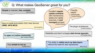 The plugin architecture 
Christian Mueller 
Q: What makes GeoServer great for you? 
Simple to maintain, free, scalable 
David Collins 
Reliability and that it is largely data format agnostic 
Its open and active community Dr Christian Maul 
Ben Caradoc-Davies 
The ability to safely serve up data layers 
without the need for web repositories 
Mark Ismail 
Easy to install and publish OGC Web Service 
(WMS, WFS,WCS) 
Bui Hong Son 
Friendly, 
helpful 
community. 
Jonathan Moules 
Very simple to set up 
Russell Hore 
Excellent regular 
update schedule 
with maintenance, 
stable and nightly 
branches. A well 
managed process! 
Jonathan Moules 
 
