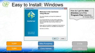 Easy to Install: Windows 
How do I get the data 
directory out of the 
'Program Files' directory. 
TOPP Mike Pumphrey 2.0.0a 
TOPP Chris Holmes 1.2.1 
Dr Christian Maul 
 
