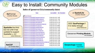 Easy to Install: Community Modules 
or SpatialLite 
Jonathan Moules Dxf format 
Jonathan Moules 
OGC GeoPackage if 
it is ready enough. 
Spatialite the third Jukka Rahkonen 
but not until it has 
updated to support 
Spatialite v. 4.2 
Jukka Rahkonen 
Geoserver Printing Module. 
Phil Scadden 
NetCDF 
Dr Christian Maul 
Geopackage module 
Jorge Sanz 
 