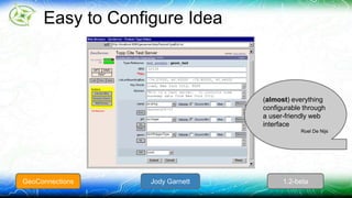 Easy to Configure Idea 
(almost) everything 
configurable through 
a user-friendly web 
interface 
Roel De Nijs 
GeoConnections Jody Garnett 1.2-beta 
 