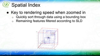 Spatial Index 
● Key to rendering speed when zoomed in 
o Quickly sort through data using a bounding box 
o Remaining features filtered according to SLD 
 