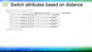 Switch attributes based on distance 
<?xml version="1.0" encoding="UTF-8"?> 
<GeneralizationInfos version="1.0"> 
<GeneralizationInfo dataSourceName="dsStreams_5_10_20_50" featureName="GenStreams" 
baseFeatureName="streams_5_10_20_50" geomPropertyName="the_geom"> 
<Generalization dataSourceName="dsStreams_5_10_20_50" distance="5" 
featureName="streams_5_10_20_50" geomPropertyName="the_geom5"/> 
<Generalization dataSourceName="dsStreams_5_10_20_50" distance="10" 
featureName="streams_5_10_20_50" geomPropertyName="the_geom10"/> 
<Generalization dataSourceName="dsStreams_5_10_20_50" distance="20" 
featureName="streams_5_10_20_50" geomPropertyName="the_geom20"/> 
<Generalization dataSourceName="dsStreams_5_10_20_50" distance="50" 
featureName="streams_5_10_20_50" geomPropertyName="the_geom50"/> 
</GeneralizationInfo> 
</GeneralizationInfos> 
 