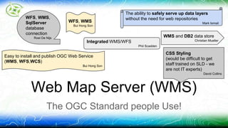 Easy to install and publish OGC Web Service 
(WMS, WFS,WCS) 
Bui Hong Son 
The ability to safely serve up data layers 
without the need for web repositories 
Web Map Server (WMS) 
The OGC Standard people Use! 
Mark Ismail 
Integrated WMS/WFS 
Phil Scadden 
WFS, WMS 
Bui Hong Son 
WFS, WMS, 
SqlServer 
database 
connection 
Roel De Nijs WMS and DB2 data store 
Christian Mueller 
CSS Styling 
(would be difficult to get 
staff trained on SLD - we 
are not IT experts) 
David Collins 
 