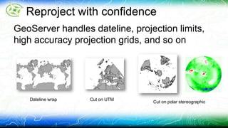 Reproject with confidence 
GeoServer handles dateline, projection limits, 
high accuracy projection grids, and so on 
Dateline wrap Cut on UTM 
Cut on polar stereographic 
 
