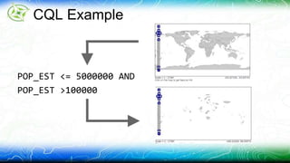 CQL Example 
POP_EST <= 5000000 AND 
POP_EST >100000 
 