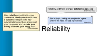 Reliability
Reliability and that it is largely data format agnostic
Dr Christian Maul
The ability to safely serve up data ...