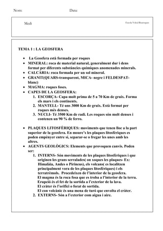 Nom:                                Data:


       Medi                                                           Escola Volcà Bisaroques




  TEMA 1 : LA GEOSFERA

       • La Geosfera està formada per roques
       • MINERAL: roca de material natural, generalment dur i dens
         format per diferents substàncies químiques anomenades minerals.
       • CALCÀRIA: roca formada per un sol mineral.
       • GRANIT(QUARS-transparent, MICA- negre i FELDESPAT-
         blanc)
       • MAGMA: roques foses.
       • CAPES DE LA GEOSFERA:
            1. ESCORÇA- Capa molt prima de 5 a 70 Km de gruix. Forma
               els mars i els continents.
            2. MANTELL- Té uns 3000 Km de gruix. Està format per
               roques més denses.
            3. NUCLI- Té 3500 Km de radi. Les roques són molt denses i
               contenen un 90 % de ferro.

       • PLAQUES LITOSFÈRIQUES: moviments que tenen lloc a la part
         superior de la geosfera. En moure’s les plaques litosfèriques es
         poden empènyer entre sí, separar-se o fregar les unes amb les
         altres.
       • AGENTS GEOLÒGICS: Elements que provoquen canvis. Poden
         ser:
            1. INTERNS- Són moviments de les plaques litosfèriques i que
                originen les grans serralades( on xoques les plaques- Ex:
                Himalàia, Andes o Pirineus), els volcans( es localitzen
                principalment vora de les plaques litosfèriques) i els
                terratrèmols. Procedeixen de l’interior de la geosfera.
               El magma és la roca fosa que es troba a l’interior de la terra.
               Erupció és el fet de la sortida a l’exterior de la lava.
               El cràter és l’orifici o forat de sortida.
               El con volcànic és una mena de turó que envolta el cràter.
            2. EXTERNS- Són a l’exterior com aigua i aire.
 