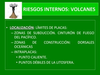 RIESGOS INTERNOS: VOLCANES LOCALIZACIÓN : LÍMITES DE PLACAS: ZONAS DE SUBDUCCIÓN. CINTURÓN DE FUEGO DEL PACÍFICO. ZONAS DE CONSTRUCCIÓN: DORSALES OCEÁNICAS INTRAPLACAS: PUNTO CALIENTE. PUNTOS DÉBILES DE LA LITOSFERA. 