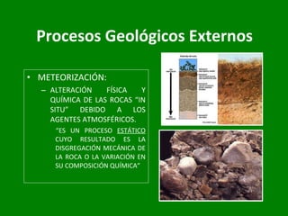 Procesos Geológicos Externos METEORIZACIÓN: ALTERACIÓN FÍSICA Y QUÍMICA DE LAS ROCAS “IN SITU” DEBIDO A LOS AGENTES ATMOSFÉRICOS. “ ES UN PROCESO  ESTÁTICO  CUYO RESULTADO ES LA DISGREGACIÓN MECÁNICA DE LA ROCA O LA VARIACIÓN EN SU COMPOSICIÓN QUÍMICA” 