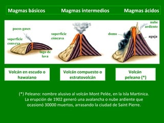 Volcán en escudo o hawaiano Volcán  peleano (*) Volcán compuesto o estratovolcán pocos gases superficie convexa lago de lava superficie cóncava aguja domo nube ardiente Magmas básicos  Magmas intermedios  Magmas ácidos (*) Peleano: nombre alusivo al volcán Mont Pelée, en la Isla Martinica. La erupción de 1902 generó una avalancha o nube ardiente que ocasionó 30000 muertos, arrasando la ciudad de Saint Pierre. 