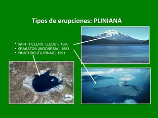 Tipos de erupciones: PLINIANA SAINT HELENS  (EEUU) .  1980 KRAKATOA (INDONESIA). 1883 PINATUBO (FILIPINAS). 1991 