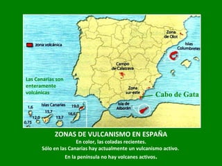 ZONAS DE VULCANISMO EN ESPAÑA En color, las coladas recientes.  Sólo en las Canarias hay actualmente un vulcanismo activo.  En la península no hay volcanes activos . Las Canarias son enteramente volcánicas Cabo de Gata 