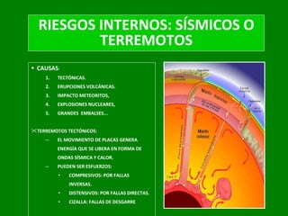 CAUSAS :  TECTÓNICAS. ERUPCIONES VOLCÁNICAS. IMPACTO METEORITOS, EXPLOSIONES NUCLEARES, GRANDES  EMBALSES... TERREMOTOS TECTÓNICOS : EL MOVIMIENTO DE PLACAS GENERA ENERGÍA QUE SE LIBERA EN FORMA DE ONDAS SÍSMICA Y CALOR. PUEDEN SER ESFUERZOS: COMPRESIVOS: POR FALLAS INVERSAS. DISTENSIVOS: POR FALLAS DIRECTAS. CIZALLA: FALLAS DE DESGARRE RIESGOS INTERNOS: SÍSMICOS O TERREMOTOS 