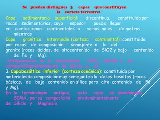 Se pueden distingues 3 capas que constituyen
la corteza terrestre:
Capa sedimentaria superficial: discontinua, constituida por
rocas sedimentarias, cuyo espesor puede llegar
en ciertas zonas continentales a varios miles de metros,
mientras
Capa granítica intermedia (corteza continental): constituida
por rocas de composición semejante a la del
granito (rocas ácidas, de altocontenido de SiO2 y bajo contenido
de Fe y Mg).
Antiguamente se le denominaba SIAL, debido a su
composiciónpredominante de Silicio y Al
3. Capabasáltica inferior (corteza oceánica): constituida por
materialesde composición muy semejantea la de los basaltos (rocas
básicas, de bajo contenido en sílice pero alto contenido de Fe
y Mg).
En la terminología antigua, esta capa se denominaba
SIMA, por su composición predominantemente
de Silicio y Magnesio.
 