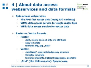 4 | About data access
webservices and data formats


Data access webservices
 Tile API: fast raster tiles (many API vari...