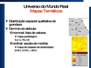 Universo do Mundo Real Mapas Temáticos Distribuição espacial qualitativa de grandeza Domínio do atributo: nominal: lista de valores  mapa pedológico:  {Ls, Li, Aq, Le} ordinal: escala de medida mapa de classes de declividade:  {0-5%, 5-10%, >30%} 