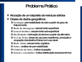 Problema Prático Alocação de um depósito de resíduos sólidos Classe de dados geográficos Geologia : permeabilidade do solo a partir do grau de fraturamento Rede de drenagem : escoamento superficial Lençol freático : escoamento sub-superficial Declividade : inclinação do terreno a partir da altimetria Uso da Terra : áreas de uso para residência, produção e ocupação clandestina – área com uso atual Rede viária : escoamento, logística Solos : análise de permeabilidade Cadastro de lotes : indica ocupação Setores censitários : indica distribuição socioeconômica 