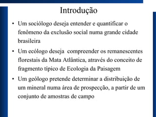 Introdução Um sociólogo deseja entender e quantificar o fenômeno da exclusão social numa grande cidade brasileira Um ecólogo deseja  compreender os remanescentes florestais da Mata Atlântica, através do conceito de fragmento típico de Ecologia da Paisagem Um geólogo pretende determinar a distribuição de um mineral numa área de prospecção, a partir de um conjunto de amostras de campo 
