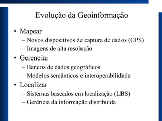 Evolução da Geoinformação Mapear Novos dispositivos de captura de dados (GPS) Imagens de alta resolução Gerenciar Bancos de dados geográficos Modelos semânticos e interoperabilidade Localizar Sistemas baseados em localização (LBS) Gerência da informação distribuída 